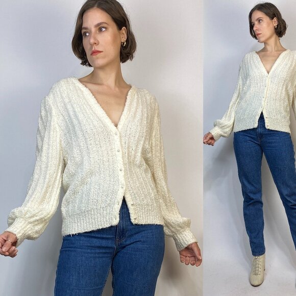 Vintage 1980s NUBBY Cream Cardigan with PUFF Sleeves & PEARL Buttons! Medium - Picture 1 of 7